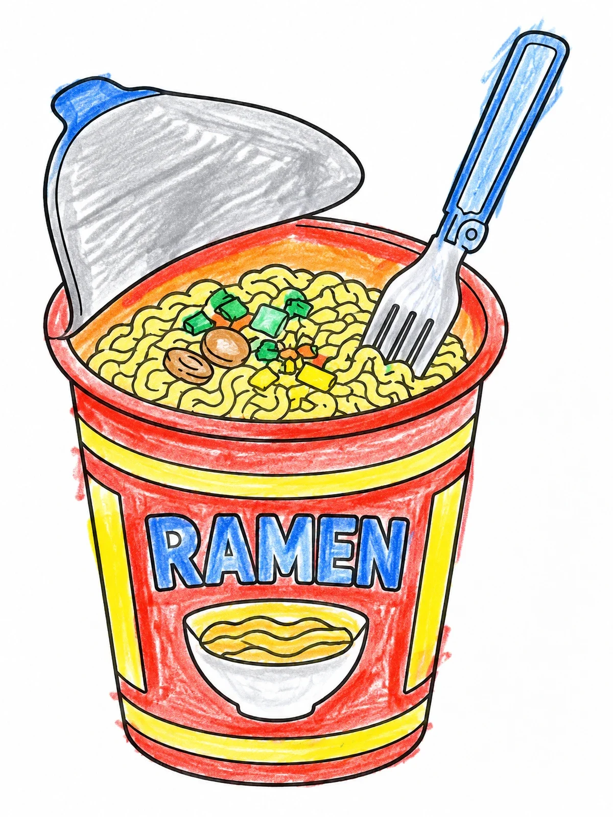 Colored example of the Instant Ramen Noodle Cup With Fork coloring page