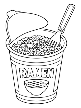 An open cup of instant noodles with a plastic fork on this ramen coloring page.