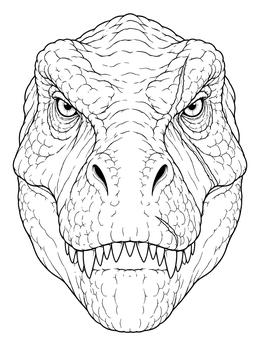 Front view of an intense dinosaur head on this t rex coloring page.