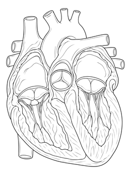 A detailed human heart coloring page showing chambers, interior valves, and major vessels.