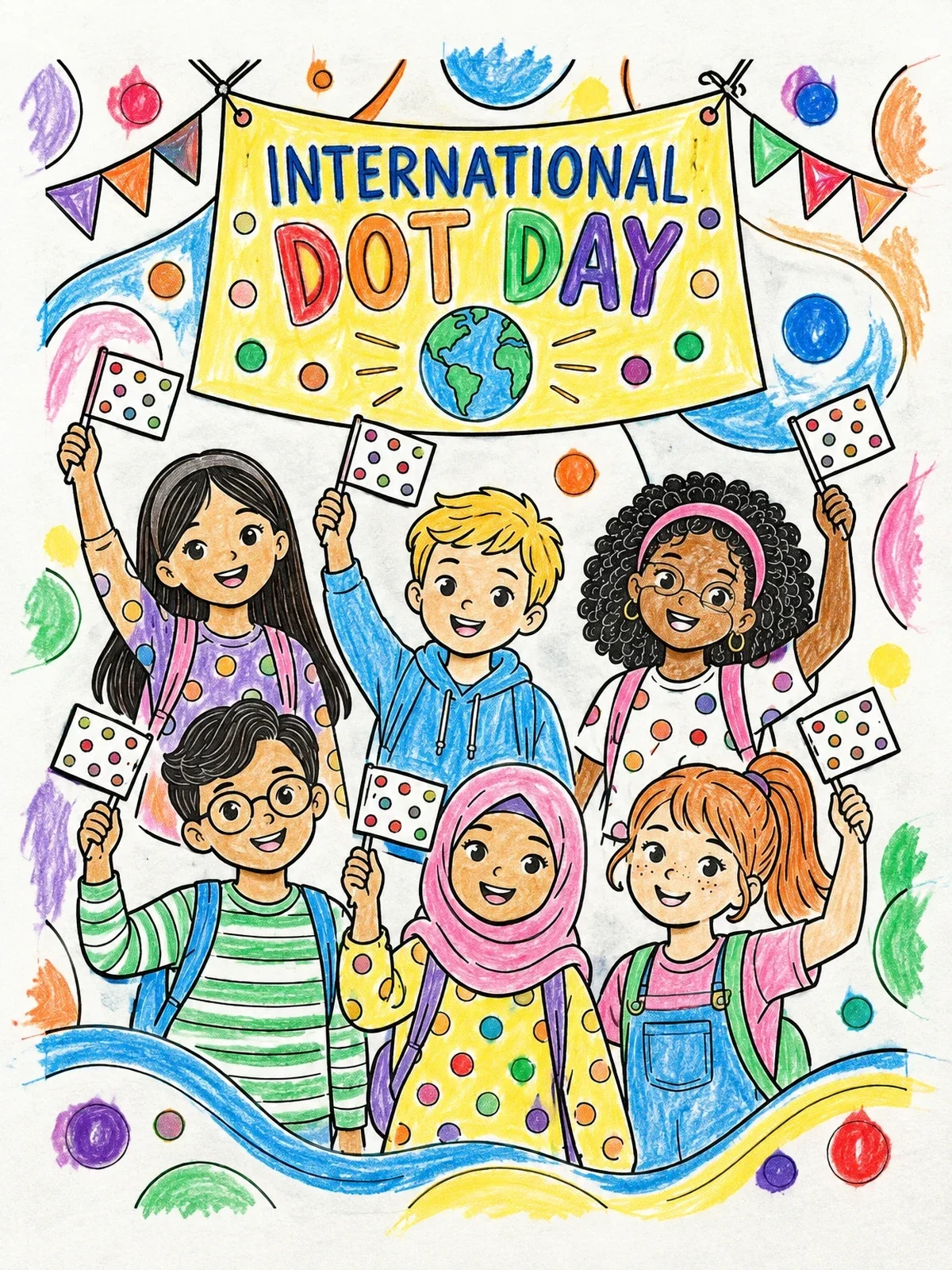 Colored example of the International Dot Day Classroom Celebration coloring page