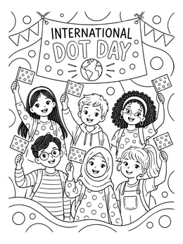 Students wave polka dot flags under a festive banner in this dot day coloring page.