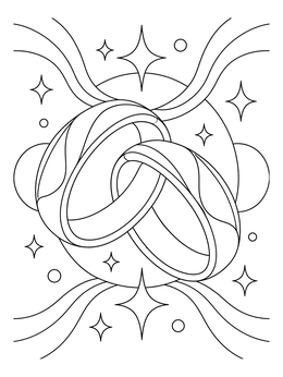 Two linked wedding bands shine on this engagement coloring page with sparkling stars.