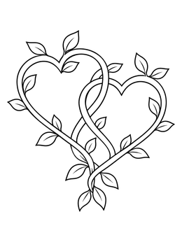 Two leafy vine hearts intertwine in this hearts and flowers coloring page.