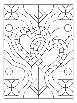 Intertwined hearts set against decorative patterns on a mosaic coloring page.