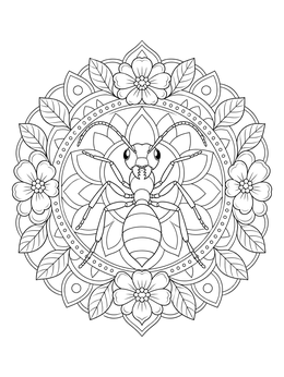 An ant coloring page featuring a detailed insect centered inside an ornate floral mandala.