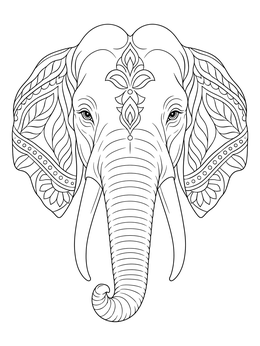 Detailed asian coloring page showing an elephant portrait with ornate floral patterns.