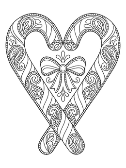 An intricate candy cane heart coloring page decorated with paisley patterns and a central bow.