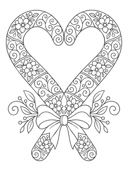 An ornate candy cane heart coloring page decorated with floral swirls and a ribbon bow.