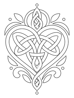 An ornate heart coloring page featuring intricate Celtic knots and decorative flourishes.