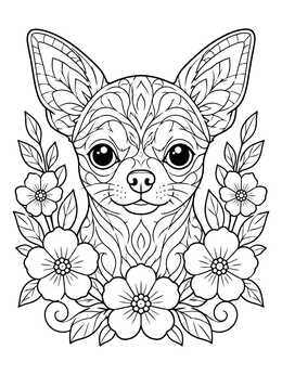 Detailed chihuahua coloring page surrounded by blooming flowers and leaves.