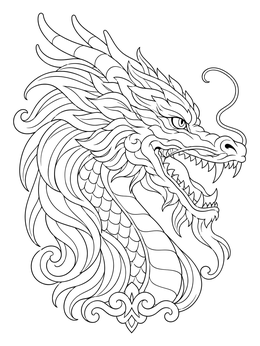 Detailed chinese dragon coloring page featuring a fierce profile with sharp teeth and flowing mane.