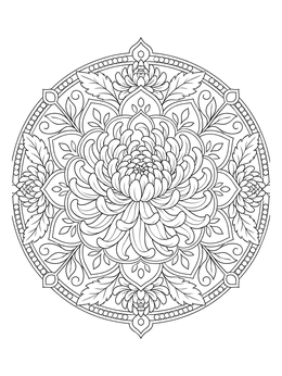 Detailed chrysanthemum coloring page featuring a symmetrical floral mandala design.