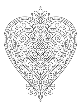 An intricate heart coloring page filled with symmetrical swirls, teardrops, and dots.