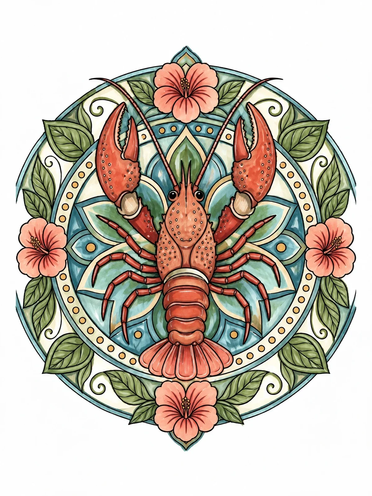 Colored example of the Intricate Crawfish Floral Mandala coloring page