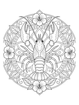 An intricate crawfish coloring page set within a floral mandala frame.