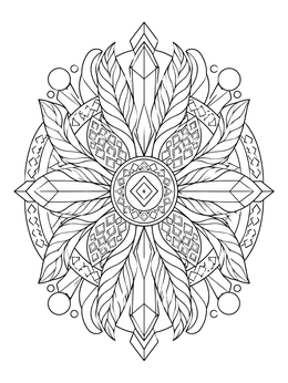 Intricate snowflake coloring page featuring crystal shards and feather patterns.