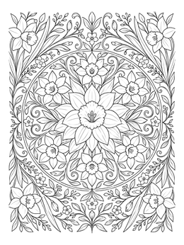 Detailed spring flowers coloring page featuring a circular daffodil mandala surrounded by leaves.
