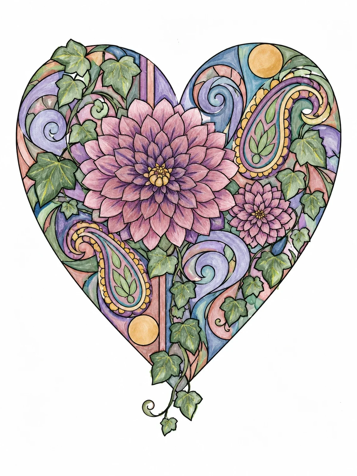 Colored example of the Intricate Dahlia And Paisley Heart coloring page