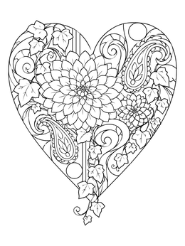 Detailed dahlia and swirls form a lovely paisley heart coloring page.