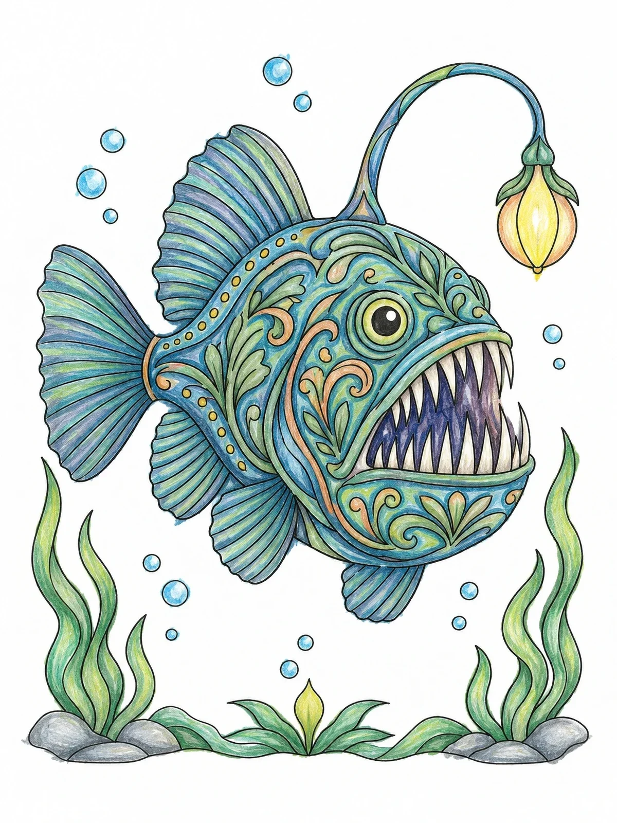 Colored example of the Intricate Deep Sea Anglerfish coloring page
