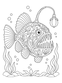 Detailed angler fish coloring page featuring ornamental patterns and sharp teeth underwater.