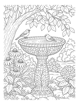 Free printable Mosaic Birdbath In A Shaded Garden coloring page
