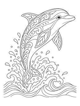 A detailed dolphin coloring page featuring an ornate dolphin leaping gracefully from ocean waves.