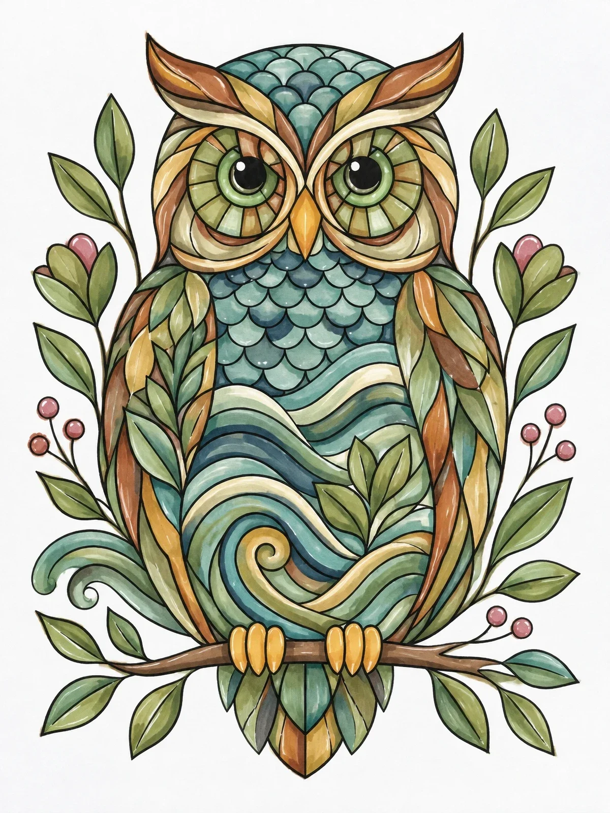 Colored example of the Intricate Doodle Owl On Branch coloring page