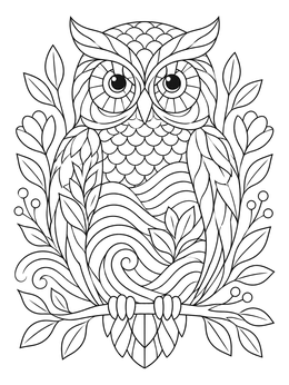 An intricate doodle coloring page featuring a patterned owl perched on a branch surrounded by leaves.