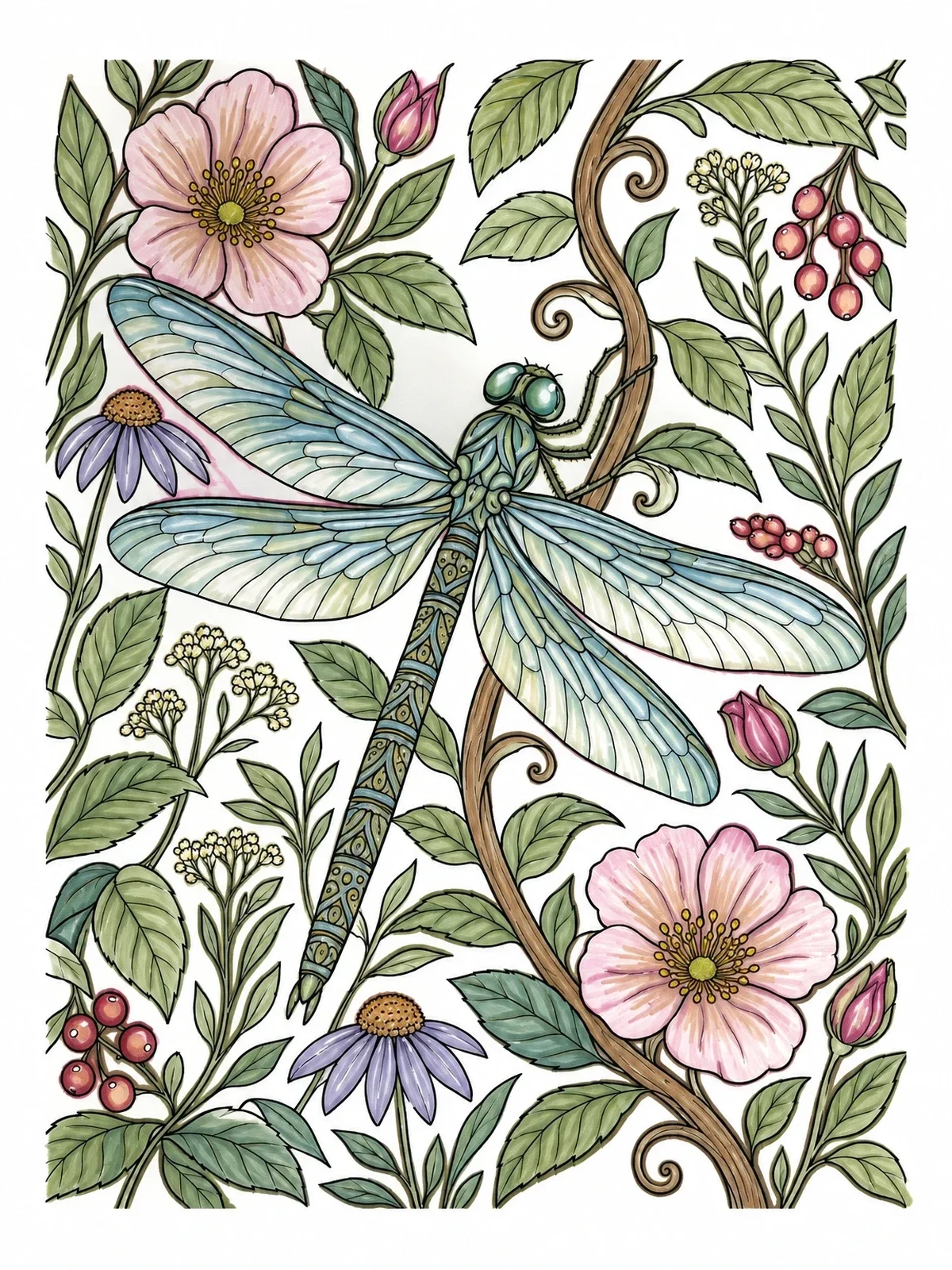 Colored example of the Intricate Dragonfly On Floral Vine coloring page