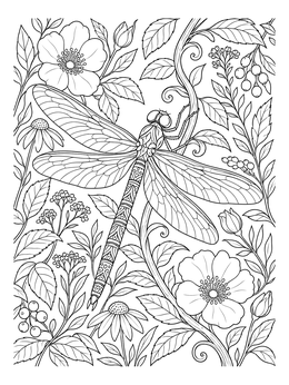 Detailed dragonfly coloring page resting among blooming wild flowers and leaves.
