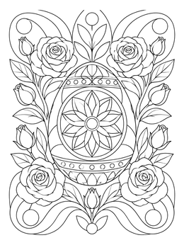 An ornate easter egg coloring page surrounded by blooming roses and delicate vines.