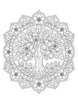 A detailed fig tree coloring page framed within a floral mandala border.