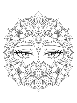 Detailed anime eyes coloring page framed by cherry blossoms and mandala patterns.