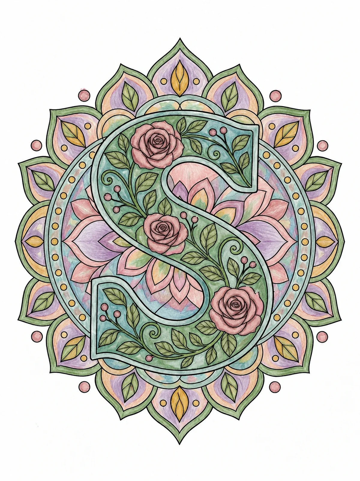 Colored example of the Intricate Floral Letter S Mandala coloring page