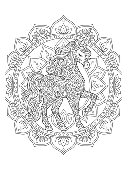An ornate unicorn mandala coloring page with intricate floral and paisley patterns.