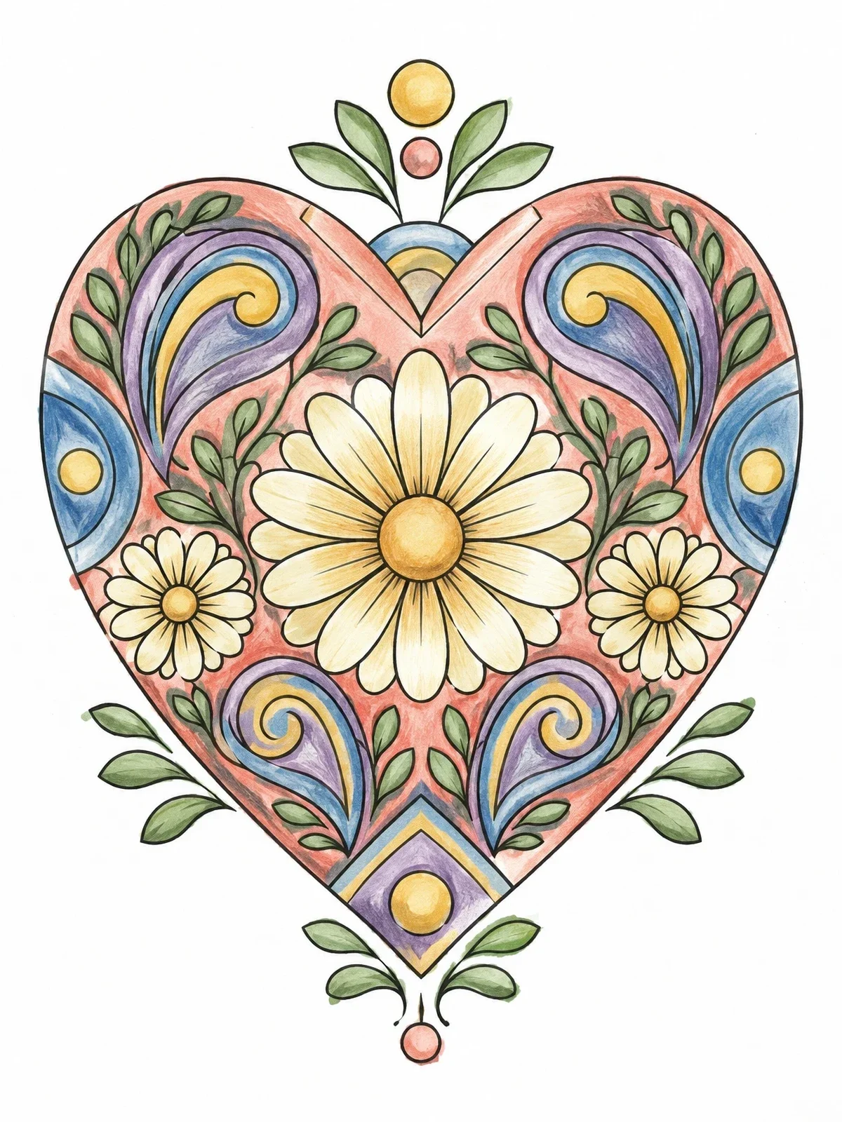 Colored example of the Intricate Floral Paisley Heart coloring page