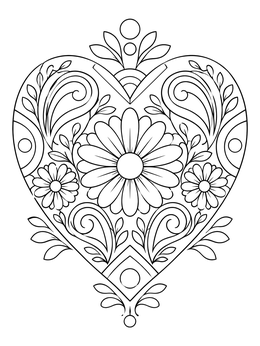 A decorative paisley heart coloring page with symmetrical daisies and swirls.