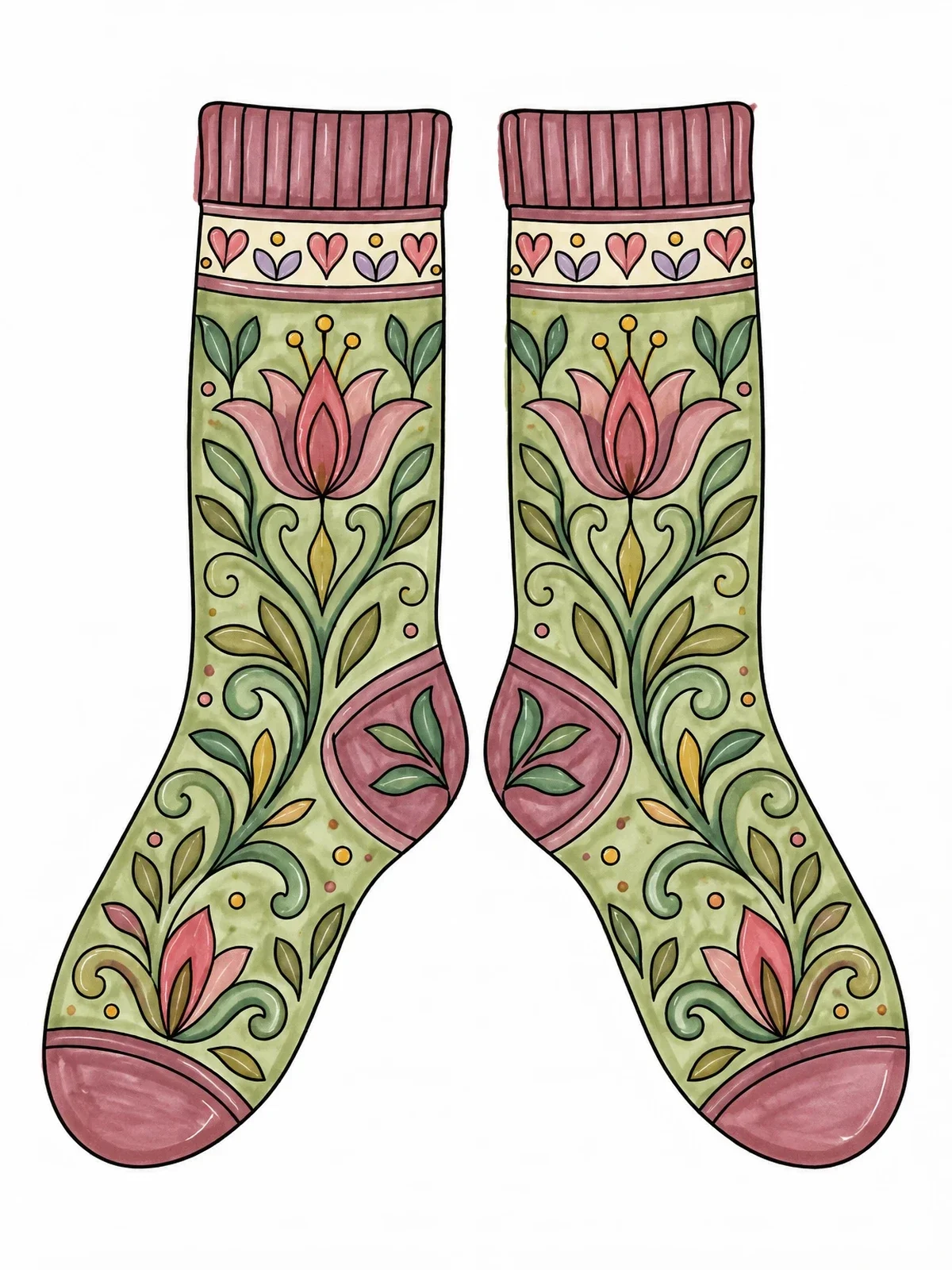 Colored example of the Intricate Floral Patterned Socks coloring page