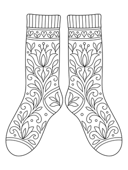 An ornate pair of socks coloring page decorated with elegant floral and heart motifs.