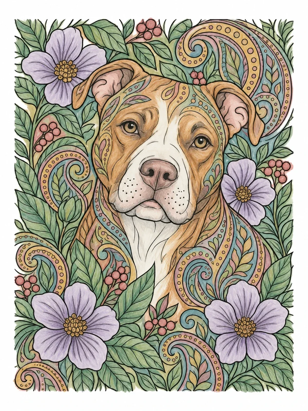 Colored example of the Intricate Floral Pitbull Portrait coloring page