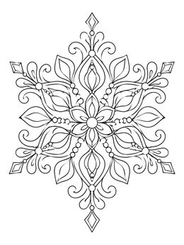 An ornate snowflake coloring page featuring balanced floral petals, beads, and delicate filigree.