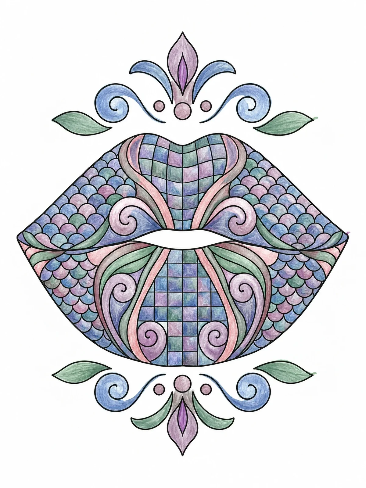 Colored example of the Intricate Geometric Lips Mandala coloring page