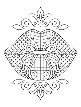 Detailed lips coloring page featuring scales, grids, and ornamental flourishes.
