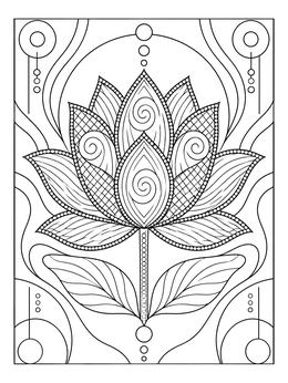 Detailed lotus flower coloring page with spirals, beaded borders, and abstract motifs.