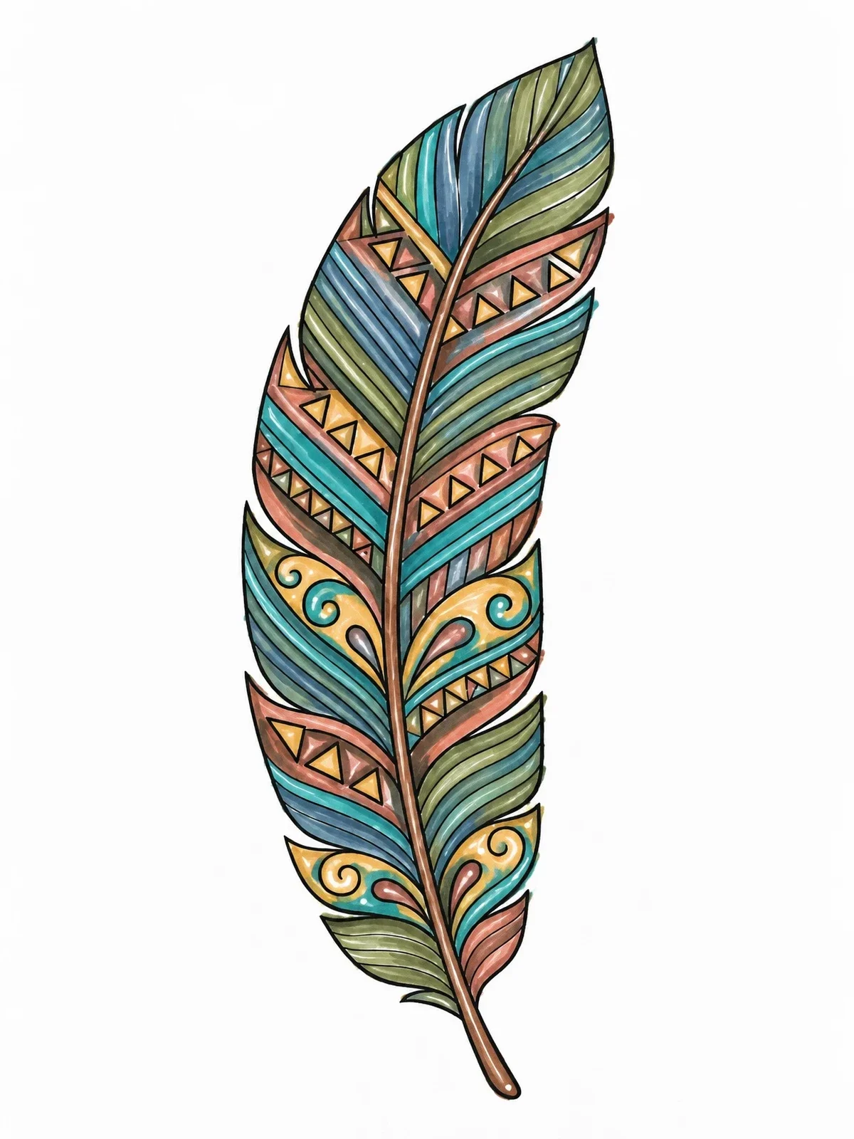 Colored example of the Intricate Geometric Tribal Feather coloring page