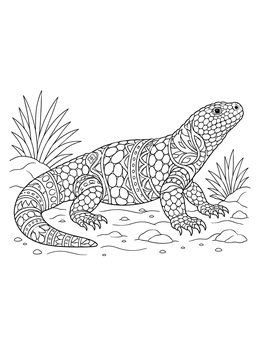 Detailed gila monster coloring page crawling through a desert landscape with intricate patterns.