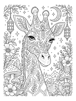 Decorated giraffe coloring page with mushrooms, lanterns, and a crescent moon.