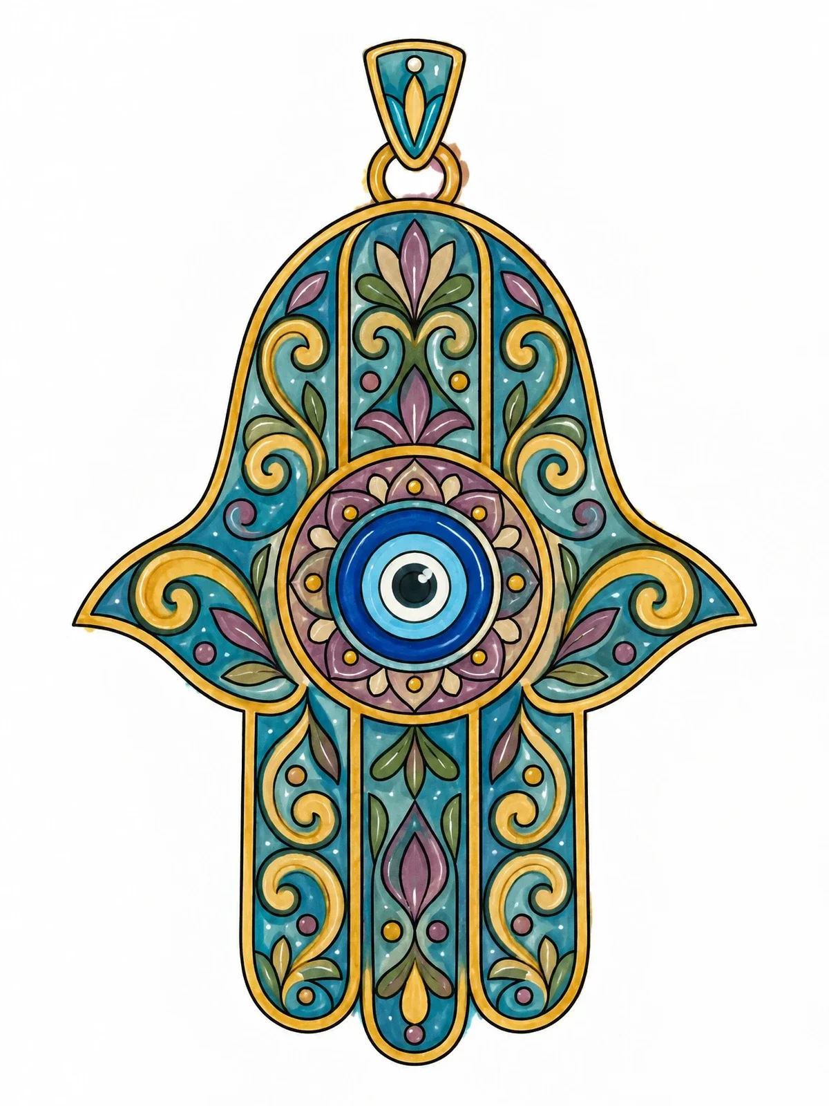Colored example of the Intricate Hamsa Hand Evil Eye Pendant coloring page